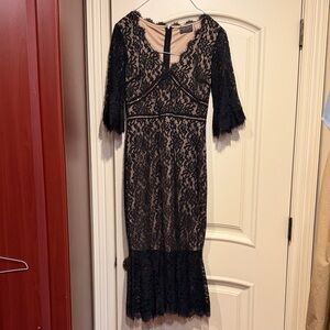 Dress Forum Black and Tan Lace Midi Dress